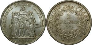 O907 France Rare 5 Francs Hercule 1876 A Paris Argent Silver FDC !!!