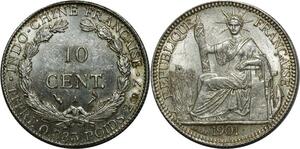 O920 Scarce Indo China 10 Centimes 1901 A Paris Argent Silver UNC MS !!!
