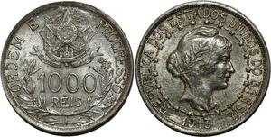 O942 Brazil Brésil 1000 Reis Liberty 1913 Silver AU