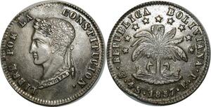 O945 Rare !! Bolivia 4 Soles 1857-FJ Potisi Silver UNC !!
