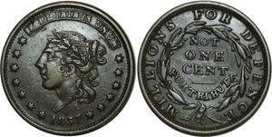O1029 USA One Cent Liberty HT-48 Millions for defence 1837 