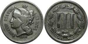 O1048 USA 3 Three cents Liberty Head Nickels 1868