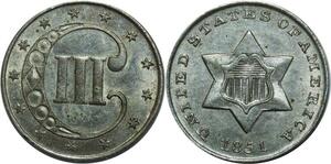O1050 USA 3 Three cents Star 1851 Silver UNC