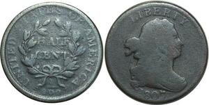 O1053 USA Draped Bust Half Cent 1/2 1807 VG10