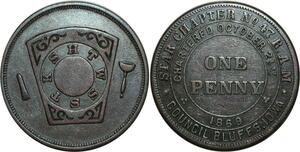 O1065 USA Masonic Token Franc Maçons One Penny 1869 Star Chapter Iowa N°47