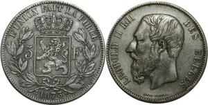 O1125 Belgique 5 Francs Léopold II 1873 Argent