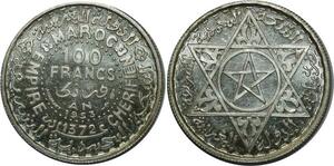 O1302 Rare Morocco 100 Francs Mohammed V Essai AH 1372 1953 Argent PCGS SP67
