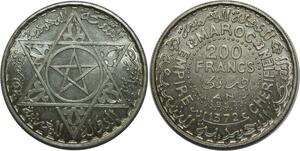 O1303 Rare Morocco 200 Francs Mohammed V Essai AH 1372 1953 Argent PCGS SP66
