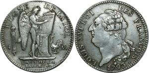 O1539 France Rare Ecu Constitution Louis XVI 1793 AA Metz An II Argent Silver SUP