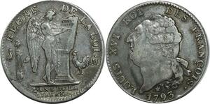 O1542 France Tres Rare Ecu Constitution Louis XVI 1793 MA Marseille Argent Silver