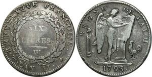 O1597 France Rare Ecu 6 Livres Convention Louis XVI 1793 W Lille Demi Lys Silver