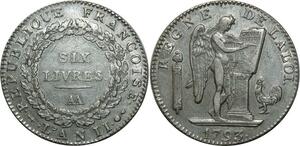 O1598 France Très Rare Ecu 6 Livres Convention Louis XVI 1793 AA Metz Argent TTB+