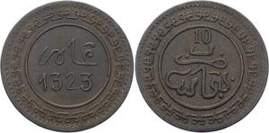 O1669 Scarce Morocco 10 Mazounas 1323 Fes Large Letter XF +++ KM $275