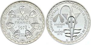 O1681 Afrique de l'Ouest 500 Francs 1972 BU UNC Argent