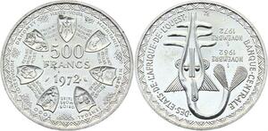 O1683 Afrique de l'Ouest 500 Francs 1972 BU UNC Argent