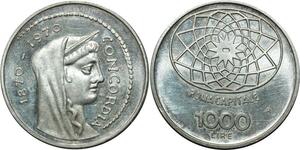 O1803 Italy 1000 Lire 1870 1970 100 ans R Rome Capitale Argent Silver UNC