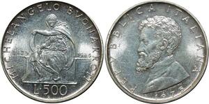 O1818 Italy 500 Lire Michel Angel Repubblica 1975 Argent FDC