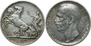 O1823 Italy 10 Lire Vittorio Emanuele III 1929 R Roma 2 stars on rim Silver