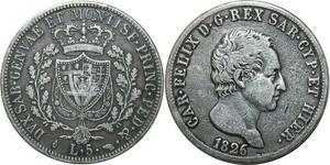 O1831 Italy 5 Lire Charles Felix 1826 L Turin Silver