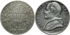 O1834 Italy Vatican Pie IX 1866-1870 2 Lire 1867 An XXII Rome XF
