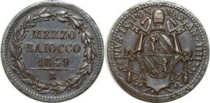 O1850 Rare Papal States Vatican Mezzo 1/2 Baiocco Pius IX 1849 R UNC -&gt;Make offer