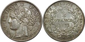 O1855 France Rare 2 Francs Cérès 1872 K Bordeaux Argent Silver SUP ++++