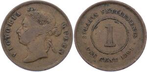 O1937 Singapore Straits Settlements One Cent Victoria 1891