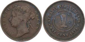 O1938 Singapore Straits Settlements One Cent Victoria 1874