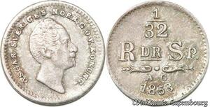 S8106 Sweden 1/32 Riksdaler Oscar I 1853 AG Silver 