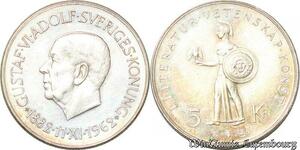 S8125 Sweden 5 Kronor Gustav VI Adolf 1962 UNC Argent 