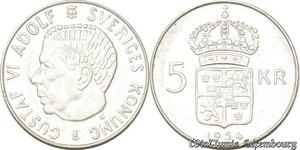 S8129 Sweden 5 Kronor Gustav VI Adolf  1954 Argent 