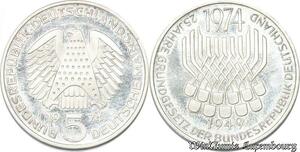 S8191 Allemagne 5 Mark 1974 Bundesrepublik F Argent Silver SPL FDC 