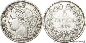S8214 Rare France 5 Francs Ceres 1870 K Bordeaux Ancre Argent Silver TB+++