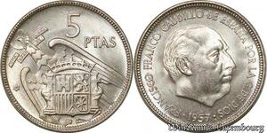 S8504 Espagne 5 Pesetas Francisco Franco Caudillo 1957 62 UNC FDC