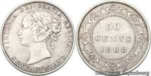 S8587 Very Rare ! Newfoundland Canada 50 Cents Victoria 1888 Silver XF+++++