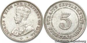 S8803 UK 5 Cents Settlements George V 1919 Argent Silver ->Make offer