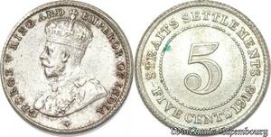 S8804 UK 5 Cents Settlements George V 1918 Argent Silver AU ->Make offer