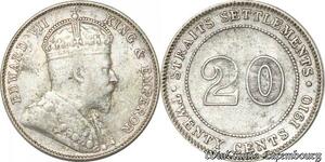 S8806 UK 20 Cents Settlements Edouard VII 1910 Argent Silver ->Make offer