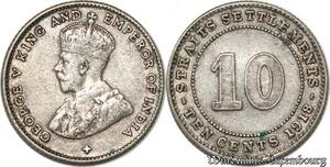 S8815 UK 10 Cents Settlements George V 1918 Argent Silver ->Make offer