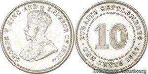 S8816 UK 10 Cents Settlements George V 1927 Argent Silver AU->Make offer