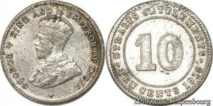 S8818 UK 10 Cents Settlements George V 1919 Argent Silver ->Make offer