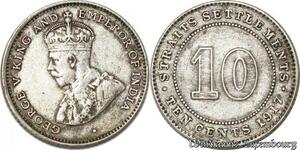 S8820 UK 10 Cents Settlements George V 1917 Argent Silver ->Make offer