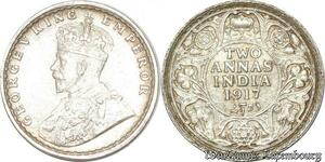 S8832 India-British 2 Annas George V 1917 Argent Silver UNC ->Make offer