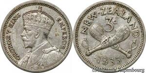 S8873 New Zealand Three 3 Pence George V 1933 Argent Silver ->Make offer