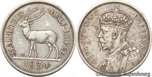 S8876 Mauritius 1/2 Rupee George V Stag 1934 Argent Silver ->Make offer