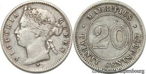 S8880 Mauritius 20 Cents Victoria 1877 H Heaton Reeded edge Silver ->M offer