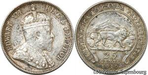 S8884 East Africa Uganda 25 Cents Edouard VII 1910 H Argent Silver AU+++ 