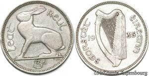 S8945 Ireland Republic 3 Pence 1935 Rabbit AU !->Make offer