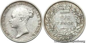 S8966 Scarce Great Britain 6 Pence Victoria 1844 Small 44 Argent 