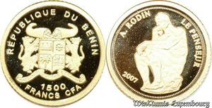 S9536 Bénin 1500 Francs CFA Rodin Le Penseur 2007 Or Gold PF BE -> Faire Offre 